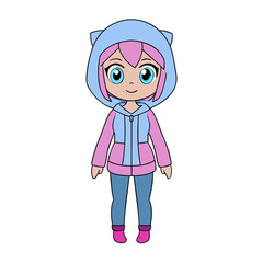 An adorable and charming cartoon illustration of a cute young girl character, depicted in a sweet chibi style with vibrant pink hair and a playful hoodie, standing with a cheerful expression