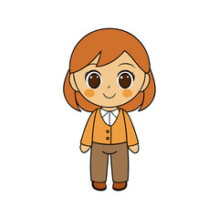 Charming female character in a cute anime style, depicted as a friendly professional woman or teacher standing full-length on a white background