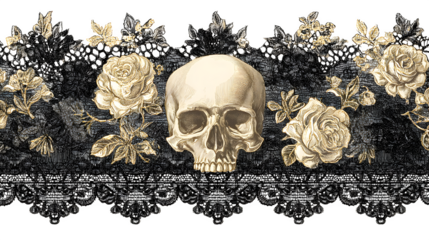 Elegant lace border with skull accents, isolated on white background