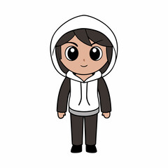 Cute chibi character with brown hair in a black and white hoodie, a simple full-body cartoon illustration isolated on a white background