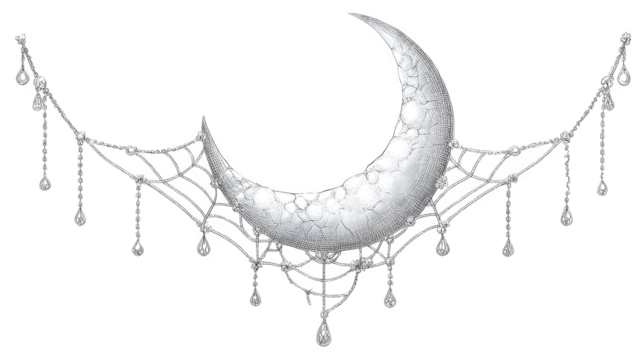 Elegant line art crescent moon with dangling spider web isolated on white background