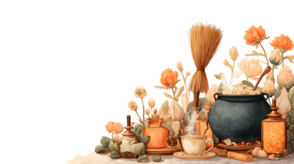 Elegant witchs tea party invitation with broomstick and cauldron accents, isolated on white background