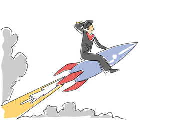 Single line drawing of a young handsome male graduate riding a rocket blasting through clouds, symbolizing success, ambition, and education in an academic concept for National Higher Education Day.