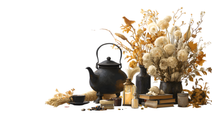 Elegant witchs tea party invitation with broomstick and cauldron accents, isolated on white background