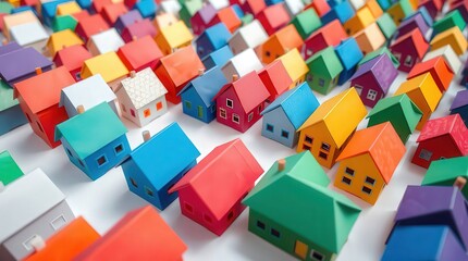Vibrant collection of colorful miniature houses arranged closely together