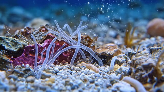 Intricate cluster of translucent marine tube worms on a rocky seabed, showcasing the delicate and mysterious underwater ecosystem