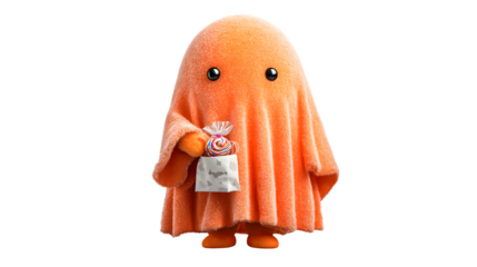 Ghost in cute Halloween costume holding candy, isolated on white background