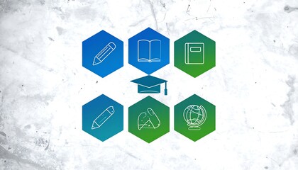 Educational icons arranged in a hexagonal pattern on a textured background