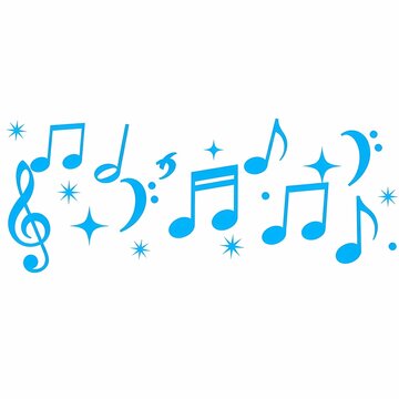 Blue musical notes and symbols, including treble clef, stars, and other music notations.