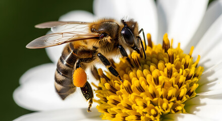Macro shot of a Honey Bee collecting pollen from a White Daisy Flower
