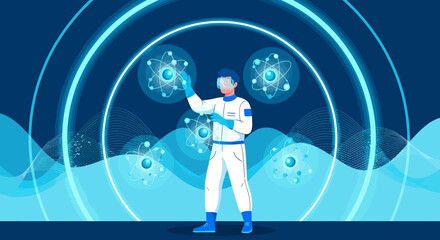 Scientist exploring molecular structures in virtual reality environment with advanced technology