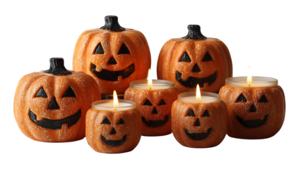 Group of 5 jack-o-lanterns with candles inside, isolated on white background