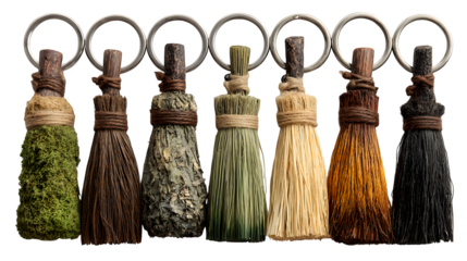 Group of 5 witch broom keychains, isolated on white background