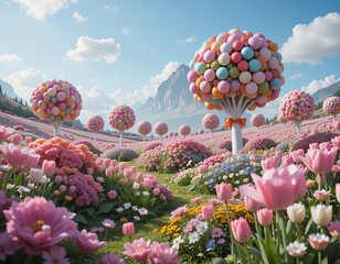Whimsical candy trees bloom in a vibrant meadow filled with colorful flowers under a bright blue sky.