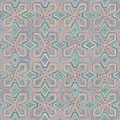 Geometric floral pattern with symmetrical shapes and soft pastel color palette, seamless pattern, Stock royalty free image.