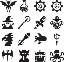 Fantasy and sci-fi icons including bat, potion, gears, rocket, wizard, griffin, submarine, trident