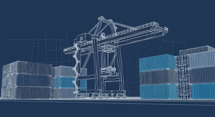 Technical blueprint illustration of cargo crane and shipping containers at a port facility