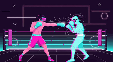 Two boxers in a virtual reality boxing match with neon colors and geometric background
