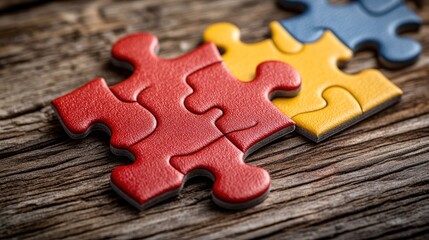 Fototapeta premium Three colorful puzzle pieces fitting together on a rustic wooden surface