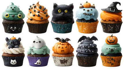 HD realistic clipart set of Halloween cupcakes with themed toppings isolated on white background