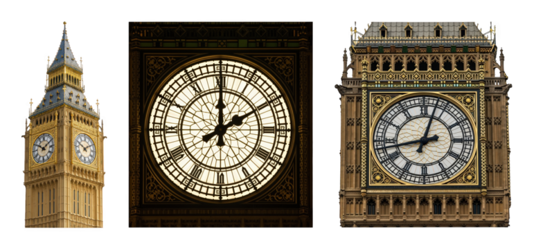 Big Ben set including full tower, illuminated clock face, and detailed clock views isolated. Iconic London architecture and time.