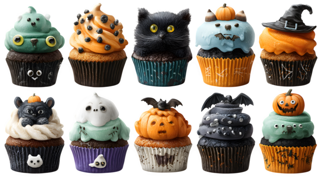 HD realistic clipart set of Halloween cupcakes with themed toppings isolated on white background
