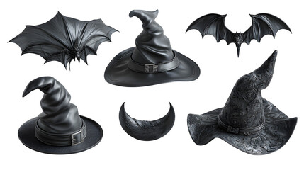 HD realistic clipart set of bat wings, witch hats, and moon charms isolated on white background