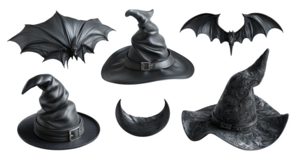 HD realistic clipart set of bat wings, witch hats, and moon charms isolated on white background