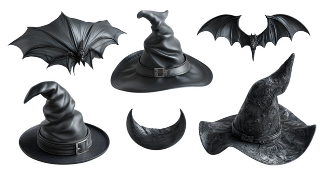 HD realistic clipart set of bat wings, witch hats, and moon charms isolated on white background
