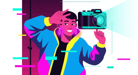 Vibrant cartoon graphic of a person taking a selfie with a camera and colorful details