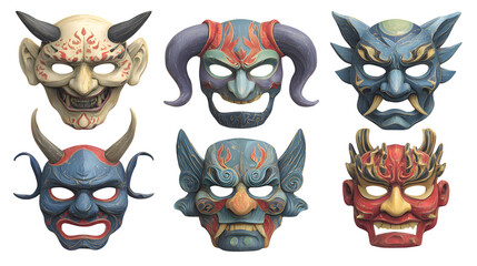 HD realistic clipart set of Halloween masks in creepy and fun styles isolated on white background