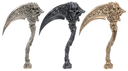 HD realistic clipart set of grim reaper scythes with ornate details isolated on white background