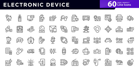 Electronic Device line icon set. Includes laptop, tablet, smartphone, drone, computer monitor, technology, TV, camera, CCTV vector outline icons. UI thin line icon pack.