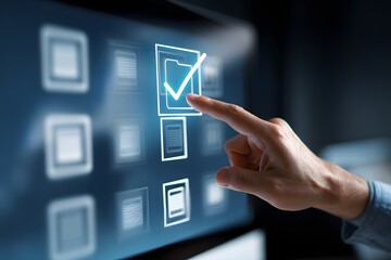 Hand touching digital checklist on screen digital interface