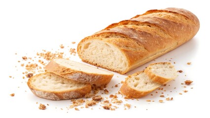 Naklejka premium Freshly baked sliced baguette bread with crumbs against white background. AI GENERATED.