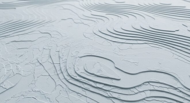 Abstract white topographic landscape with layered contour lines.