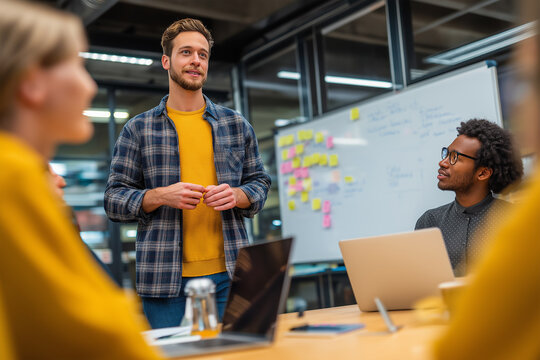 Team members collaborate during a brainstorming session in an office