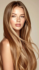 Naklejka premium Stunning Woman with Wavy Blonde Hair and Sun-Kissed Highlights