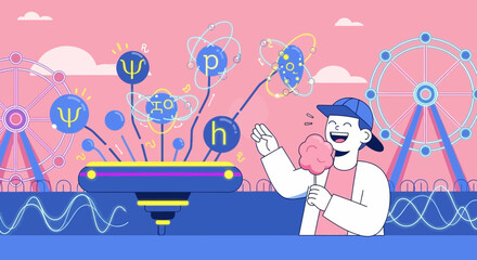 Whimsical depiction of science at the carnival, showcasing abstract physics concepts in a playful