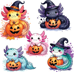 Naklejka premium Cute halloween axolotls holding jack-o'-lanterns fun graphics