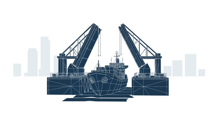 Wireframe illustration showcasing a cargo ship passing under an open drawbridge with city skyline