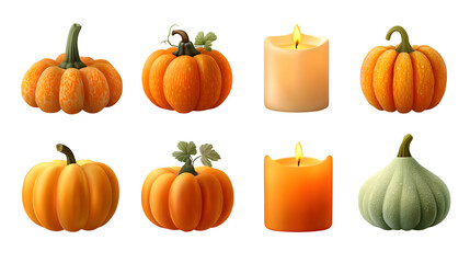 HD realistic clipart set of carved pumpkins with candles inside isolated on white background
