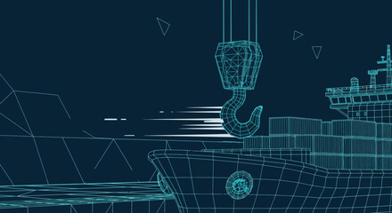 Wireframe render of cargo ship with crane, illustrating global logistics network