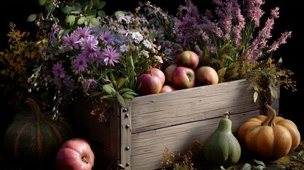 Colorful harvest arrangement with fruits and flowers in a rustic wooden crate during autumn season