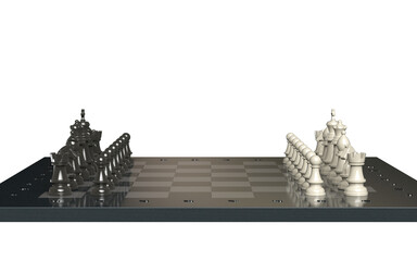 Chess pieces on the board in the starting position. Isolated. Transparent background. 3D Rendering.
