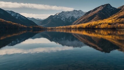 Fototapeta premium Circular mirror reflecting vibrant mountain and lake scenery, sharp artistic composition.