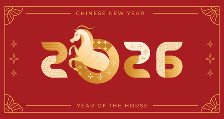 Chinese New Year 2026 Logo, Year of the horse. Chinese zodiac horse in geometric flat modern style.