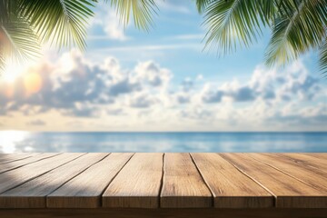 Wooden table is set against a stunning tropical beach backdrop featuring palm leaves and a soft blur of the sea and sky. This serene setting invites relaxation and summer vibes