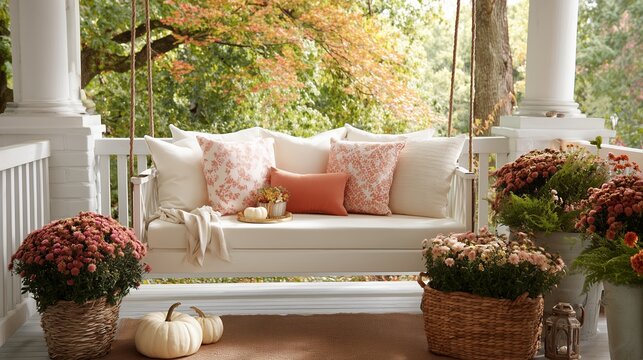 Cozy porch swing decorated with autumn flowers and cushions in a serene garden setting during fall