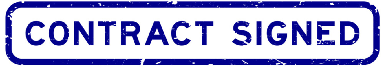 Grunge blue contract signed word rubber square seal stamp on white background